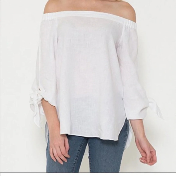 Laju 100% Linen Off The Shoulder Sheer White Blouse Top Women’s Size XS - Picture 2 of 15